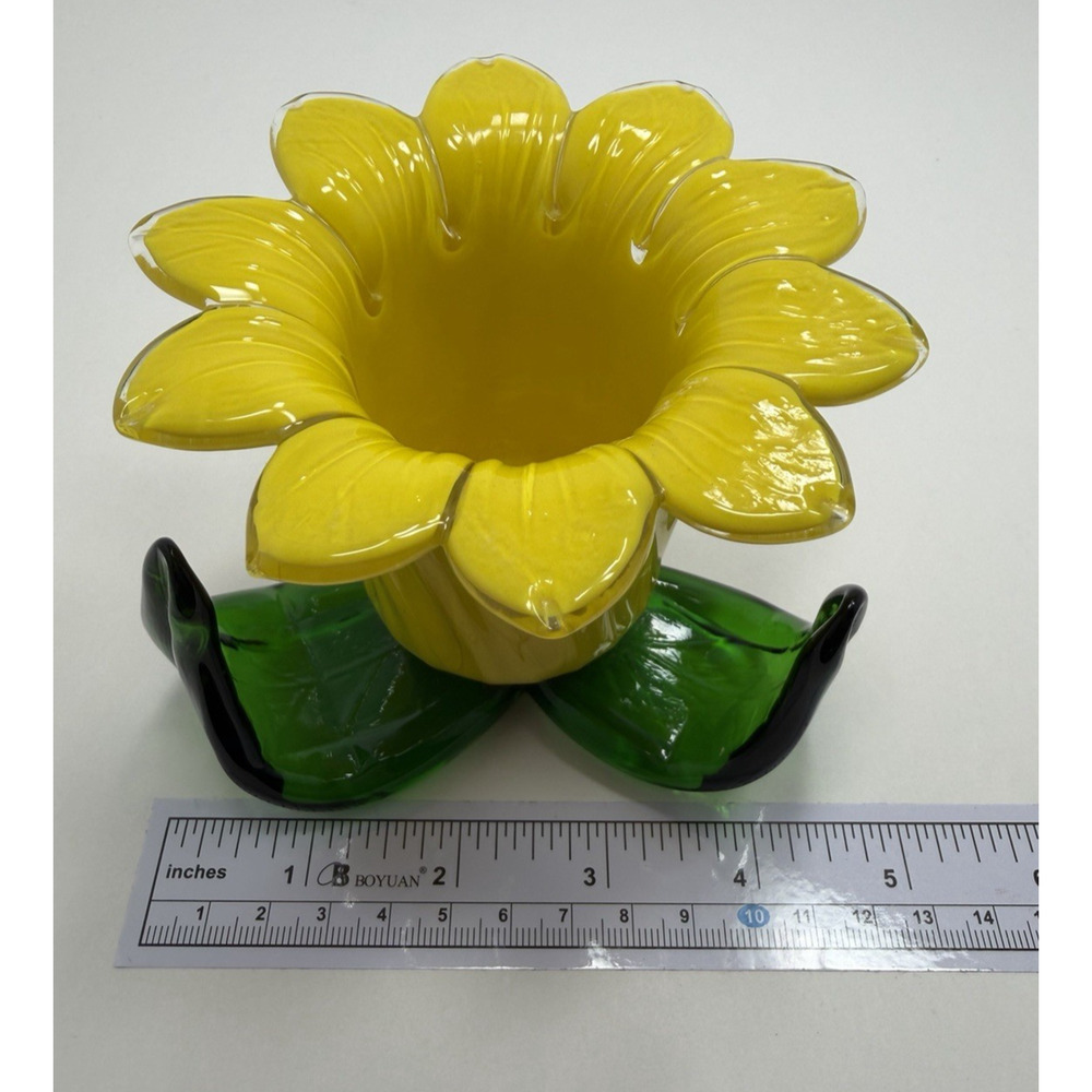 Hand Blown Art Glass Flower Candle Holder Yellow Green Vintage Art Deco - Picture 6 of 8